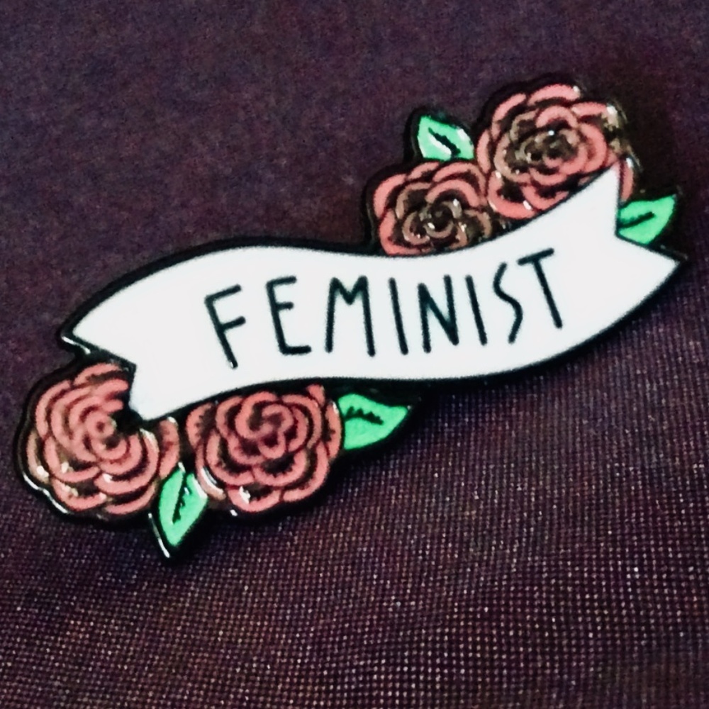 FEMINIST JACKET/HAT PIN WITH PINK ROSES